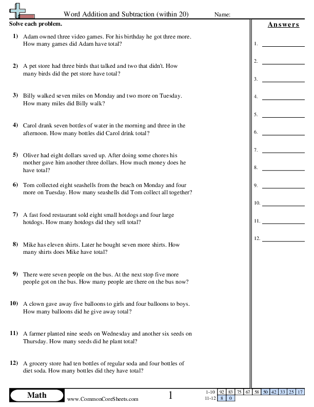 Word Addition Within 20 worksheet